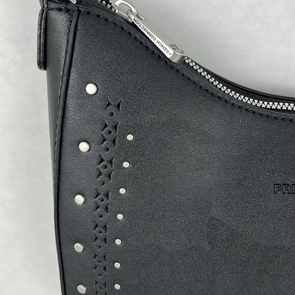 French Connection Elena Moon Shape Shoulder Bag Black Studs Silvertone Zip Close - Picture 4 of 11